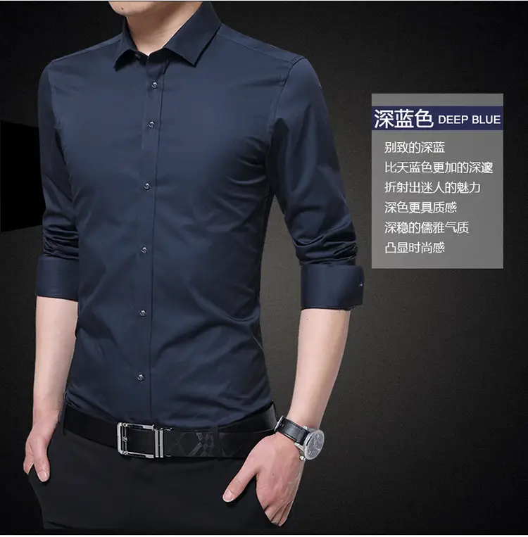 Men Slim Fit Business Shirt Navy Blue Long Sleeve — feature 8