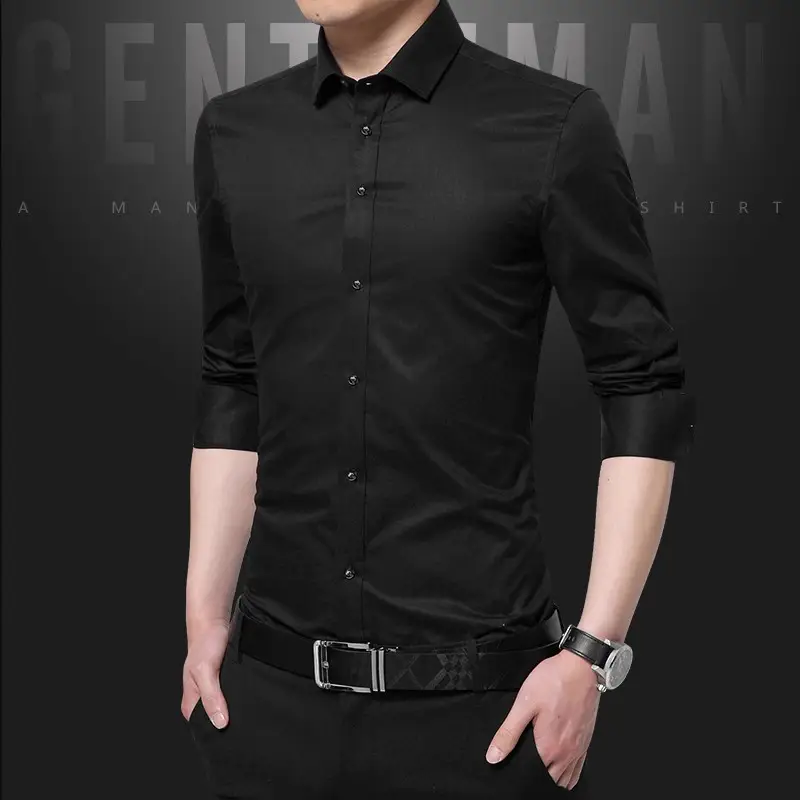 Men Slim Fit Business Shirt Navy Blue Long Sleeve - Image 2