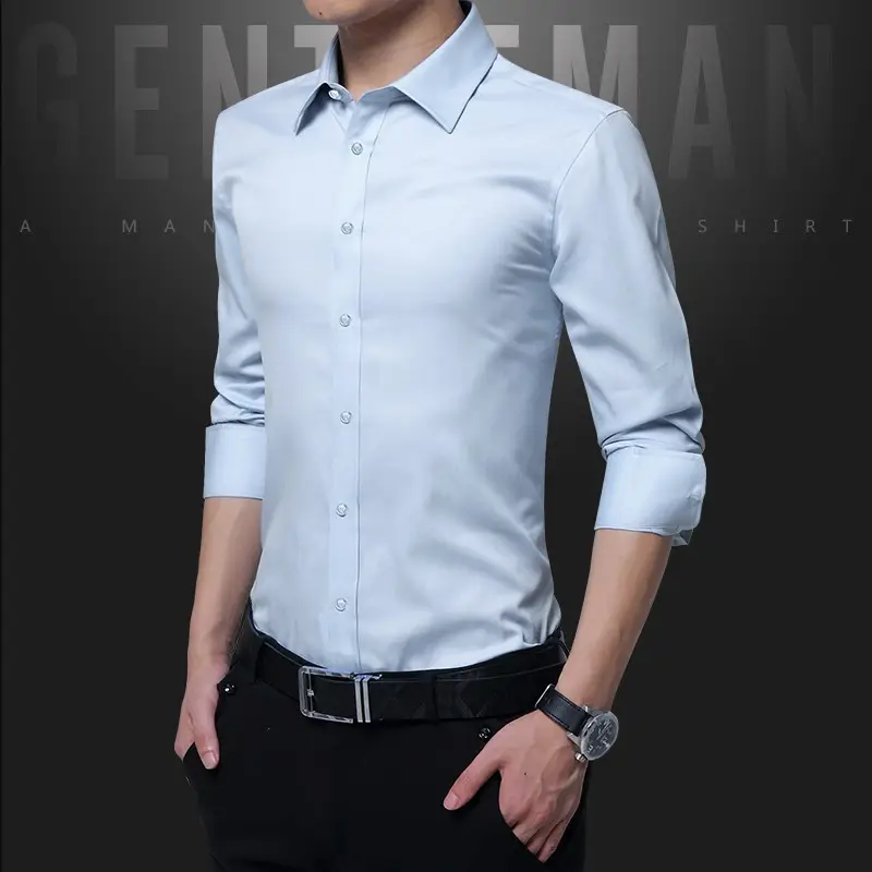 Men Slim Fit Business Shirt Navy Blue Long Sleeve - Image 3