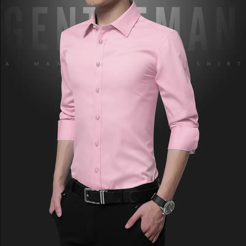 Men Slim Fit Business Shirt Navy Blue Long Sleeve - Image 5
