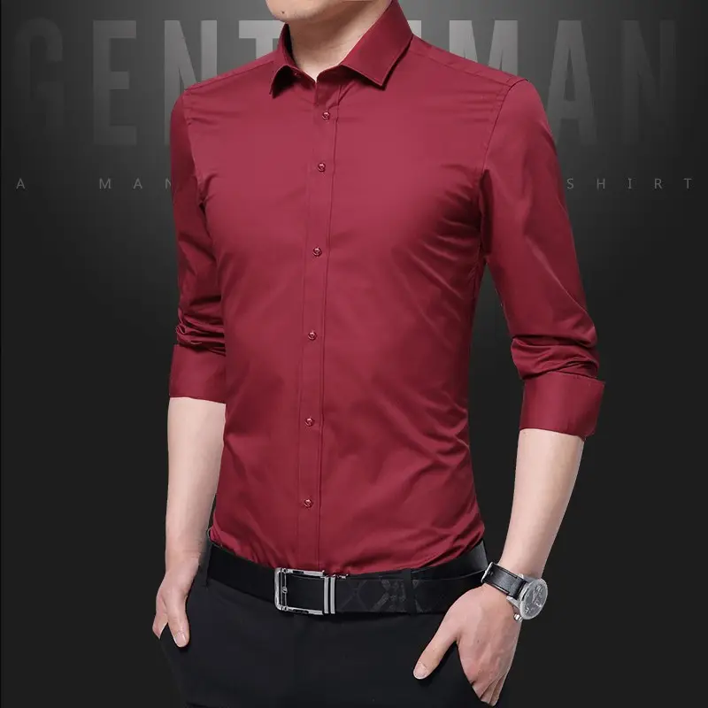 Men Slim Fit Business Shirt Navy Blue Long Sleeve - Image 6