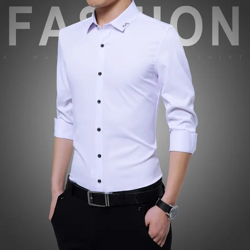 Men's Long Sleeve Black Slim Fit Shirt with Belt - Image 9