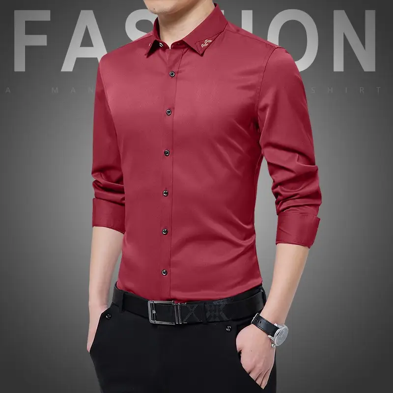 Men's Long Sleeve Black Slim Fit Shirt with Belt - Image 11