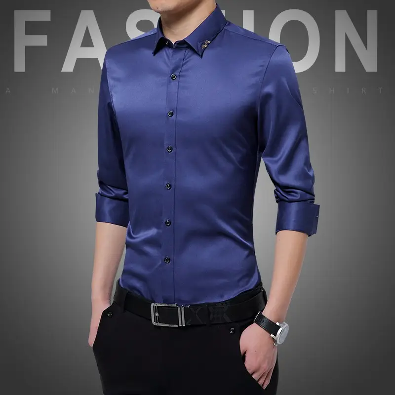 Men's Long Sleeve Black Slim Fit Shirt with Belt - Image 12