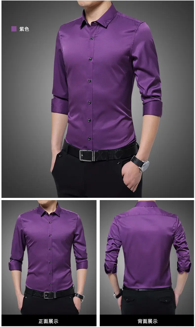 Men's Long Sleeve Black Slim Fit Shirt with Belt — feature 10