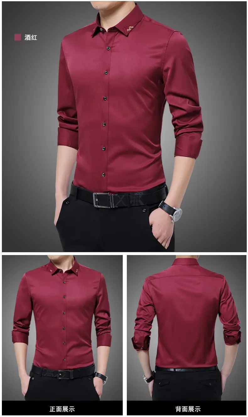Men's Long Sleeve Black Slim Fit Shirt with Belt — feature 11