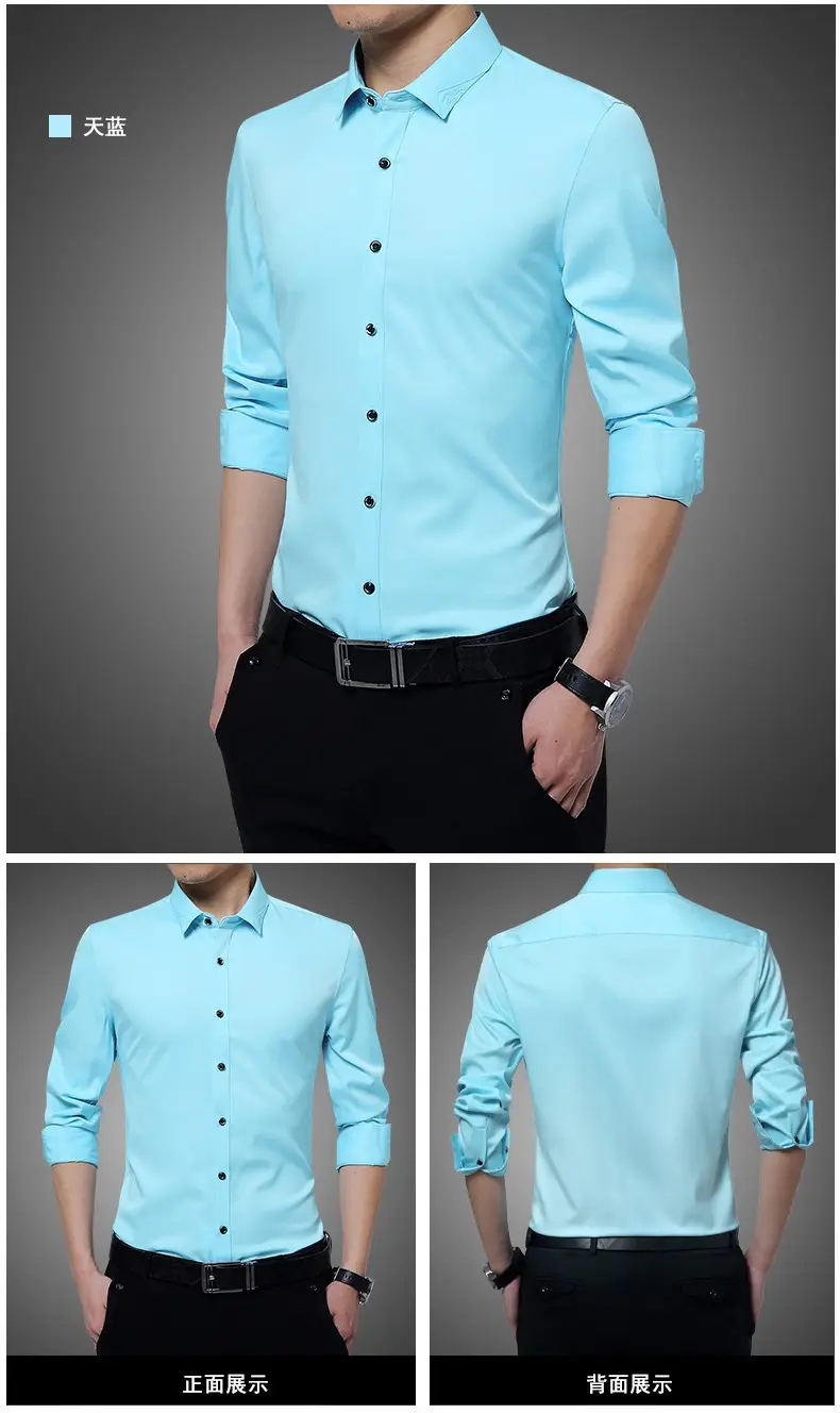 Men's Long Sleeve Black Slim Fit Shirt with Belt — feature 12