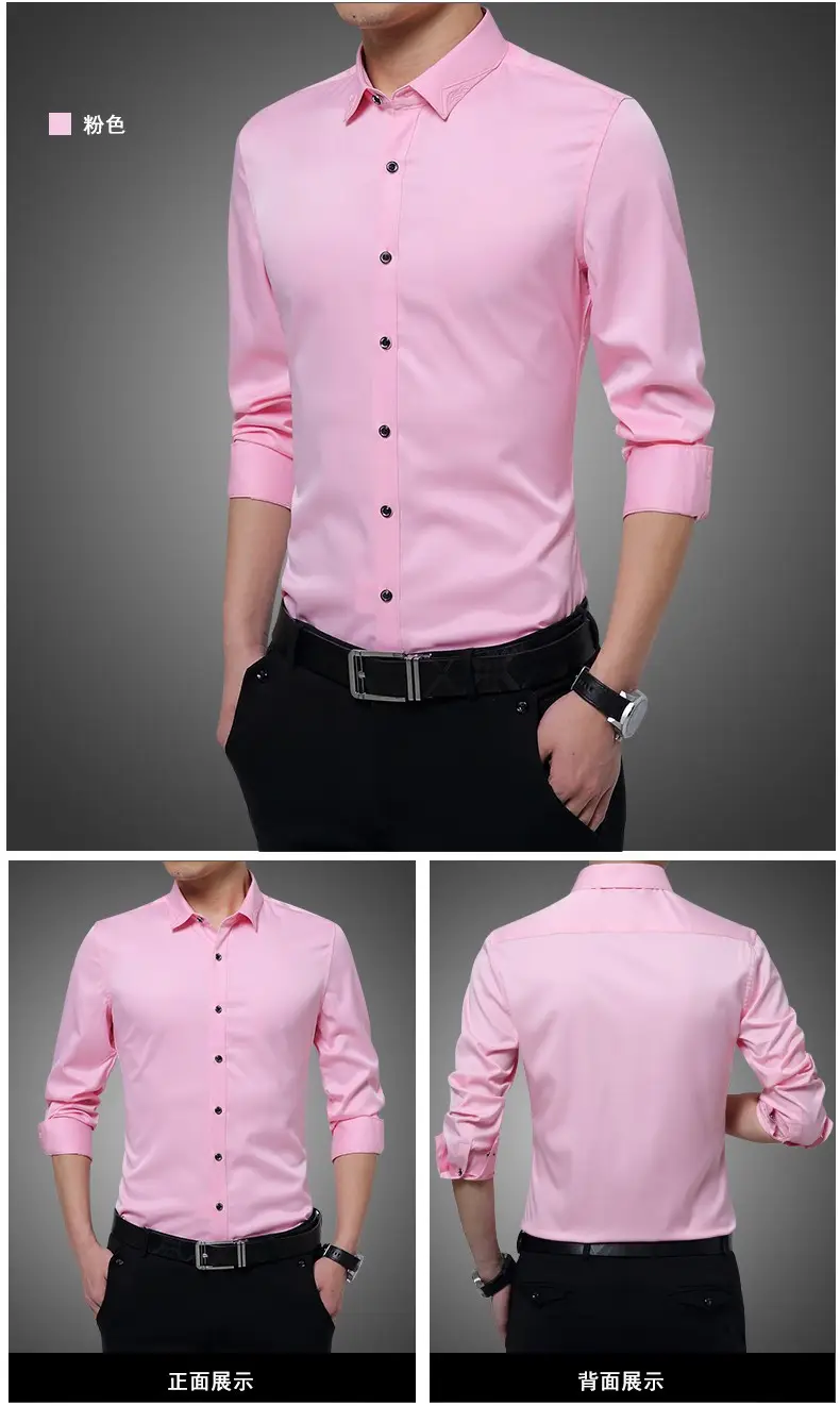 Men's Long Sleeve Black Slim Fit Shirt with Belt — feature 13