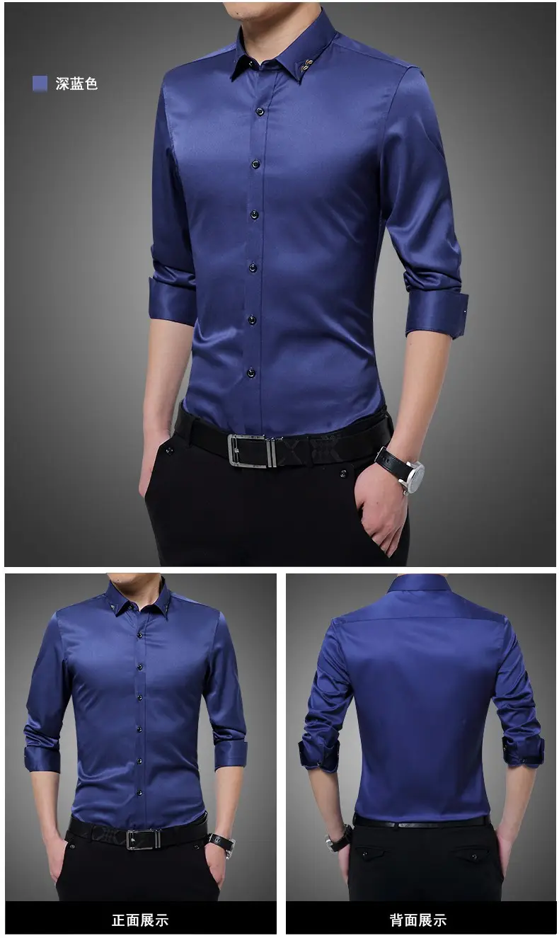 Men's Long Sleeve Black Slim Fit Shirt with Belt — feature 8