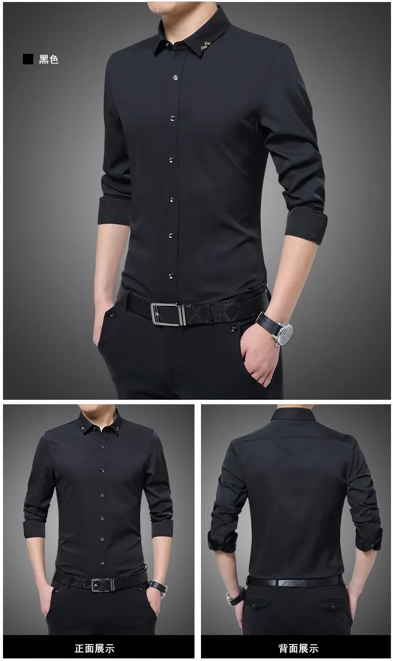 Men's Long Sleeve Black Slim Fit Shirt with Belt — feature 9