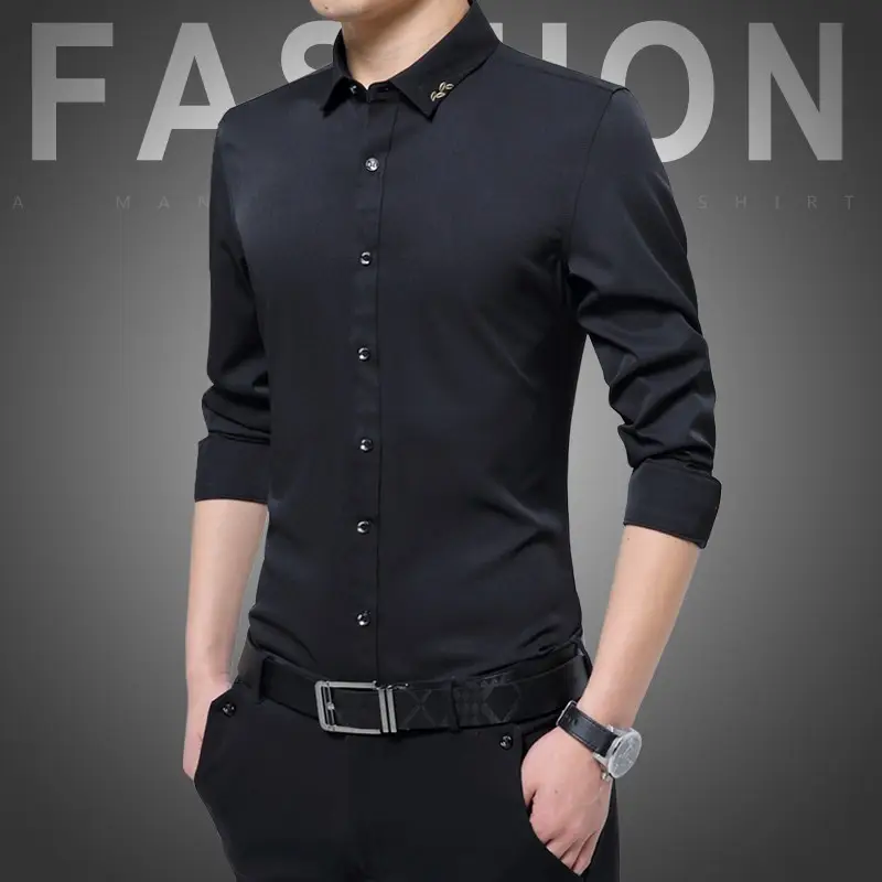 Men's Long Sleeve Black Slim Fit Shirt with Belt - Image 2