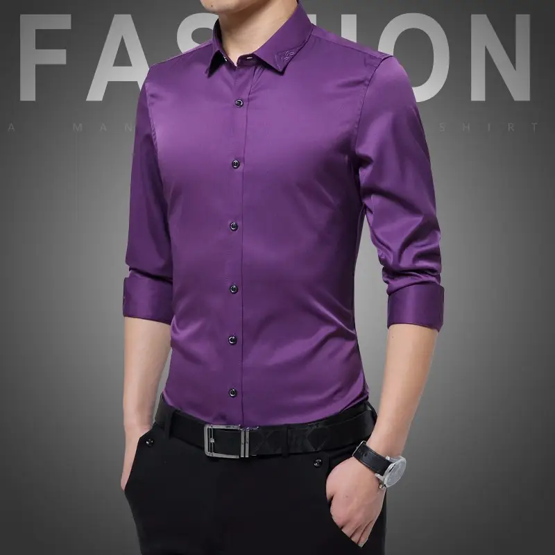 Men's Long Sleeve Black Slim Fit Shirt with Belt - Image 6