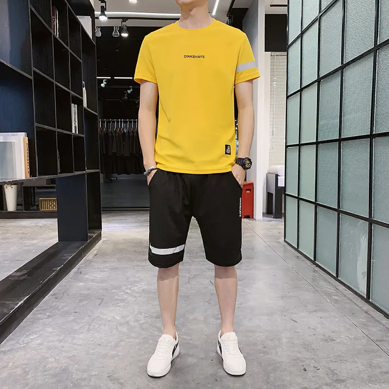 Men Black Wrinkle Sports Suit Shorts Set Quick Dry