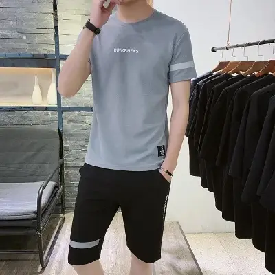 Men Black Wrinkle Sports Suit Shorts Set Quick Dry
