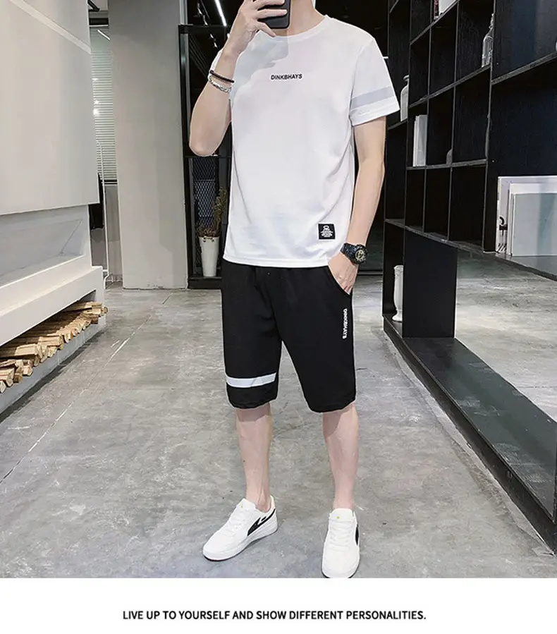 Men Black Wrinkle Sports Suit Shorts Set Quick Dry — feature 13