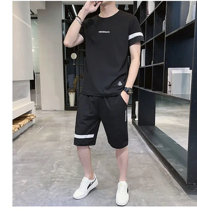 Men Black Wrinkle Sports Suit Shorts Set Quick Dry — feature 14