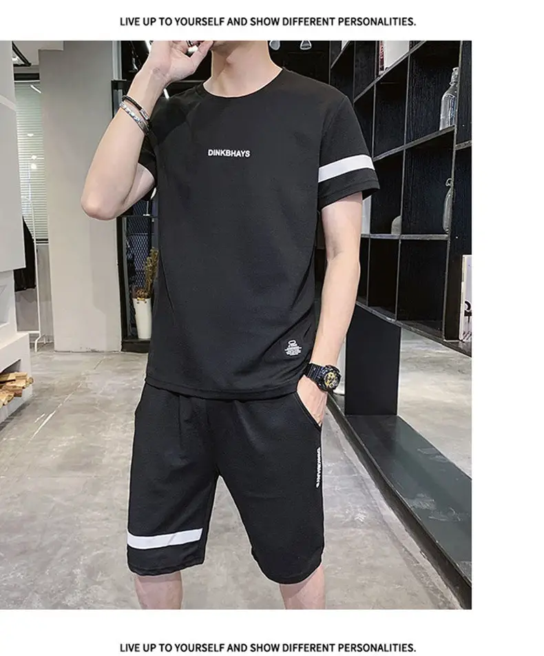 Men Black Wrinkle Sports Suit Shorts Set Quick Dry — feature 15