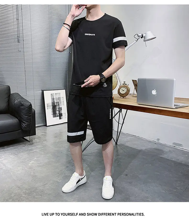Men Black Wrinkle Sports Suit Shorts Set Quick Dry — feature 16