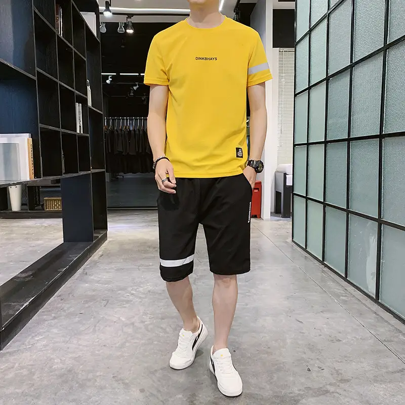 Men Black Wrinkle Sports Suit Shorts Set Quick Dry