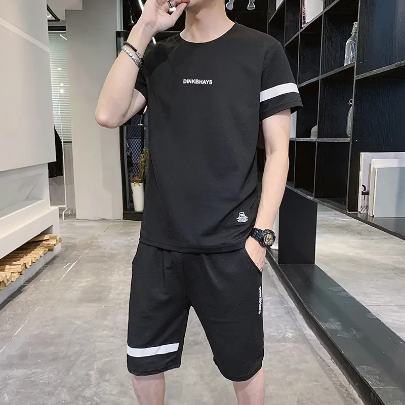 Men Black Wrinkle Sports Suit Shorts Set Quick Dry