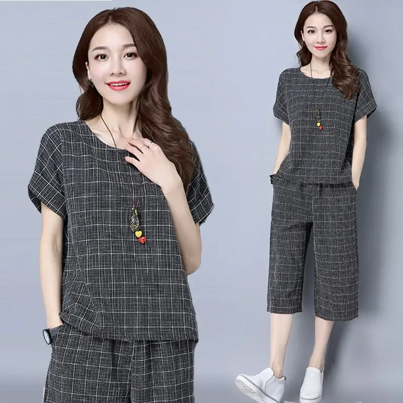 Women Plaid Cropped Pants Set Large Size