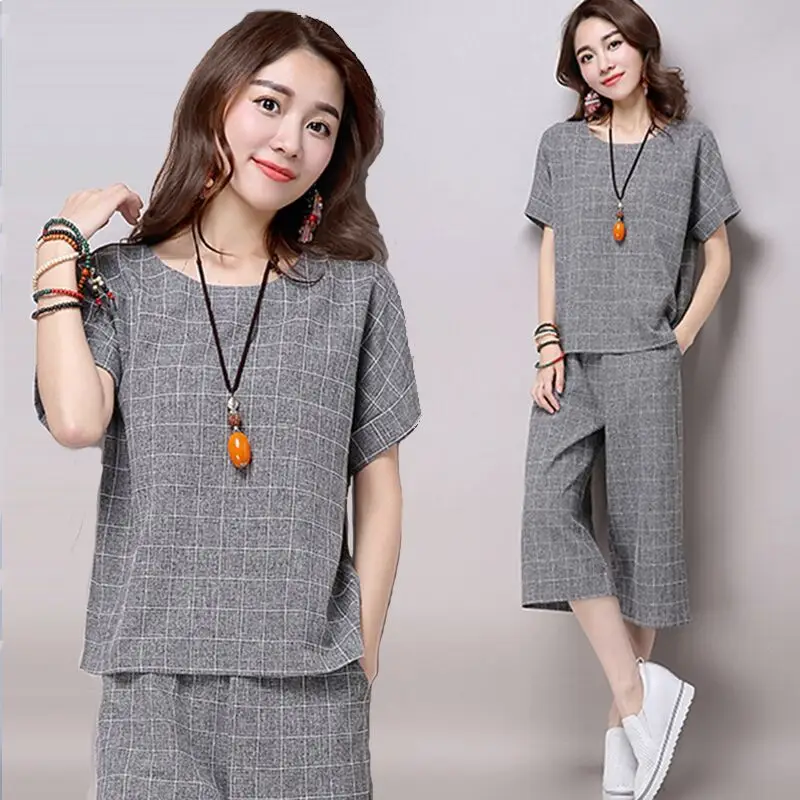 Women Plaid Cropped Pants Set Large Size