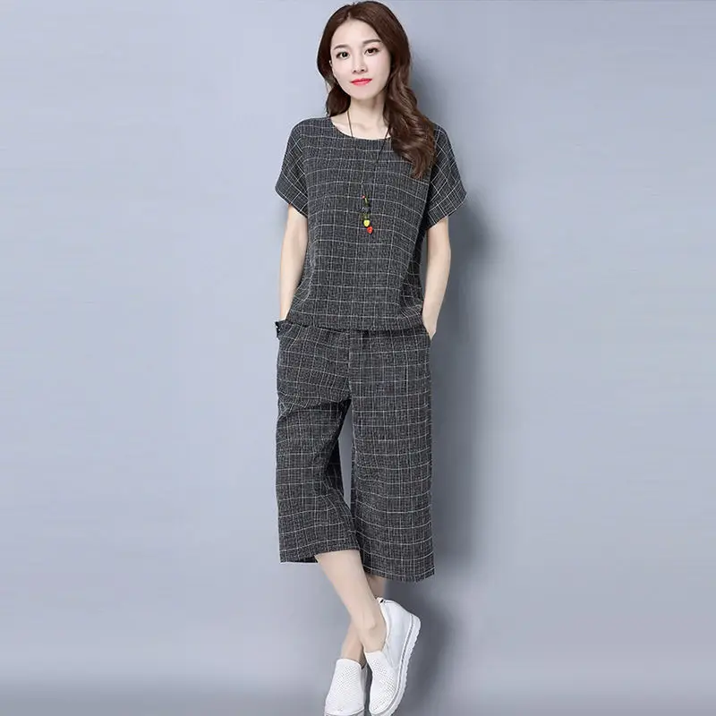 Women Plaid Cropped Pants Set Large Size