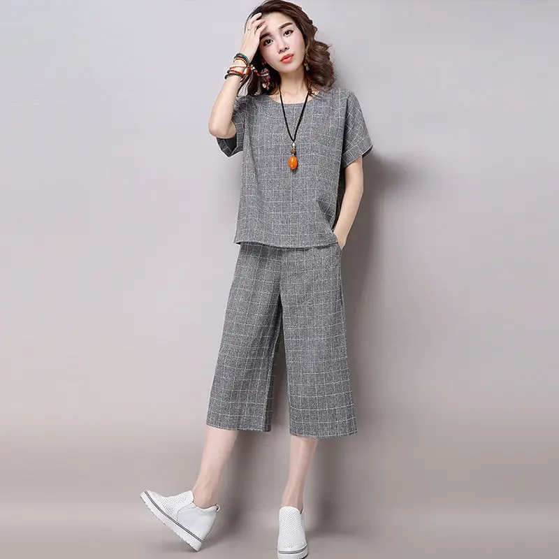 Women Plaid Cropped Pants Set Large Size
