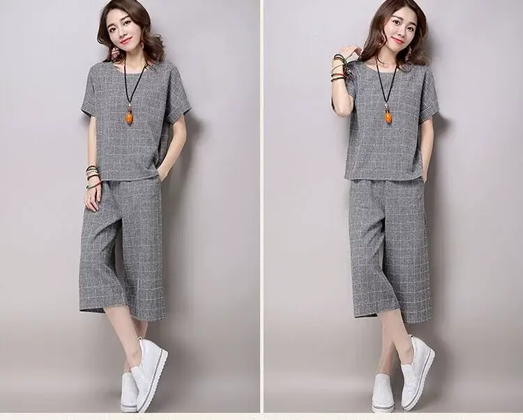Women Plaid Cropped Pants Set Large Size — feature 10