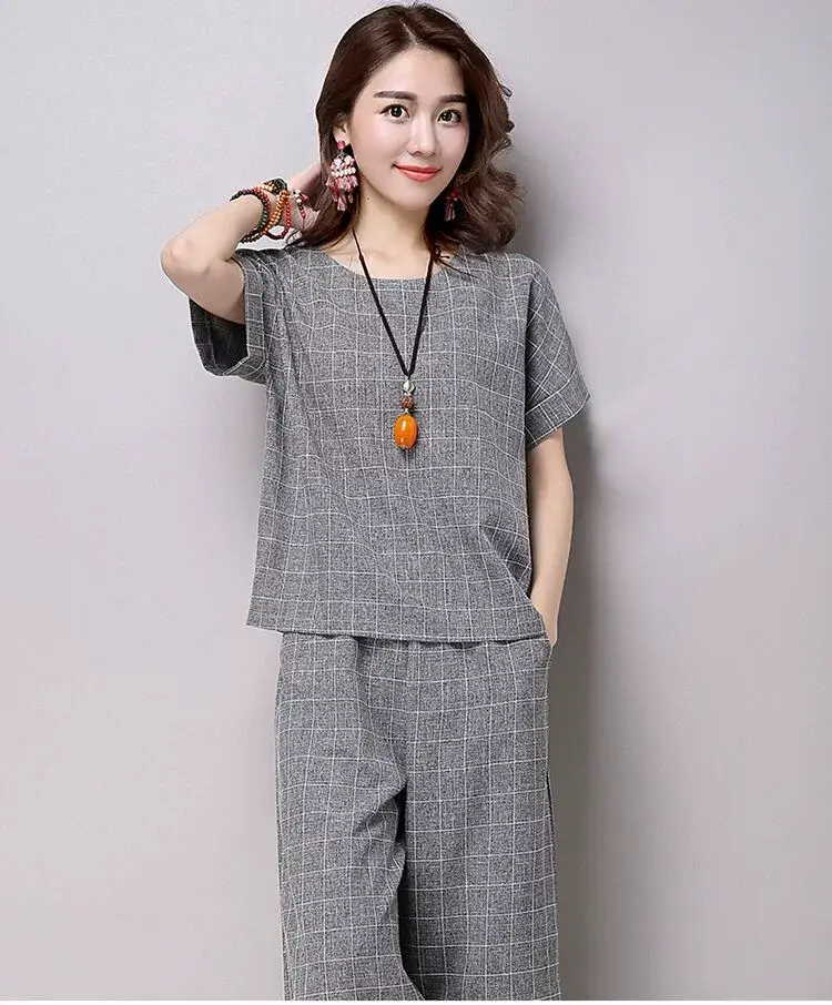 Women Plaid Cropped Pants Set Large Size — feature 12