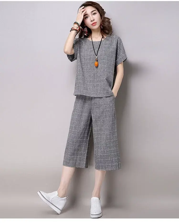 Women Plaid Cropped Pants Set Large Size — feature 13
