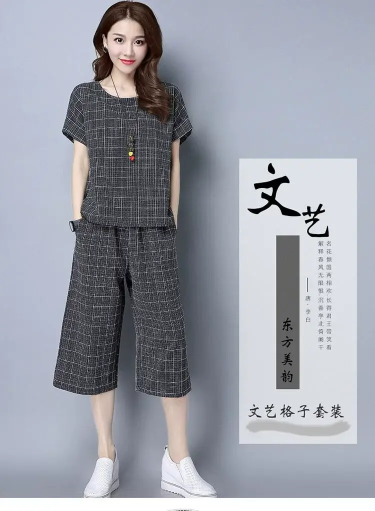 Women Plaid Cropped Pants Set Large Size — feature 2