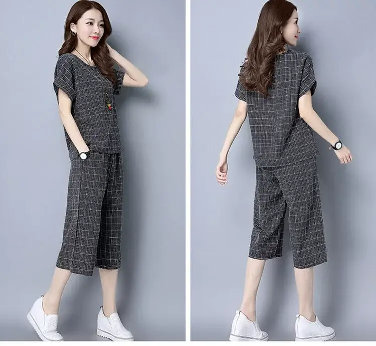 Women Plaid Cropped Pants Set Large Size — feature 8