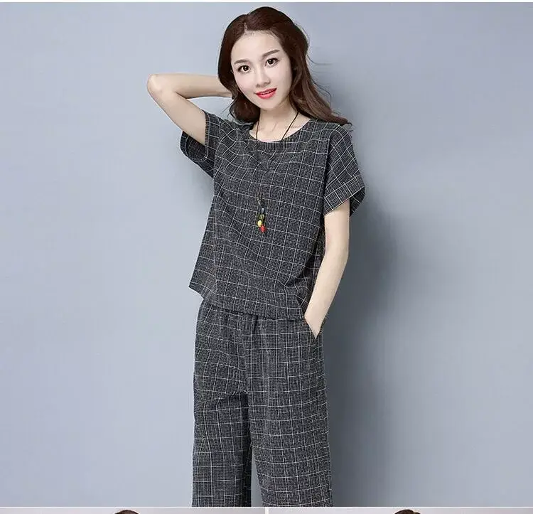 Women Plaid Cropped Pants Set Large Size — feature 9