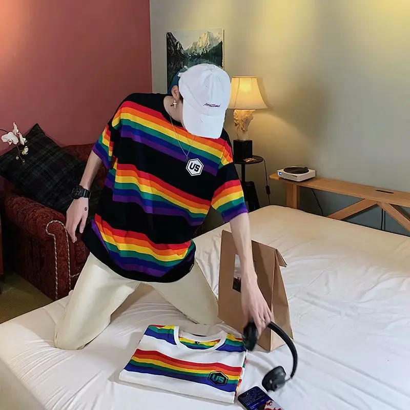 Men's Rainbow Striped T-Shirt Loose Fit Hip Hop Style