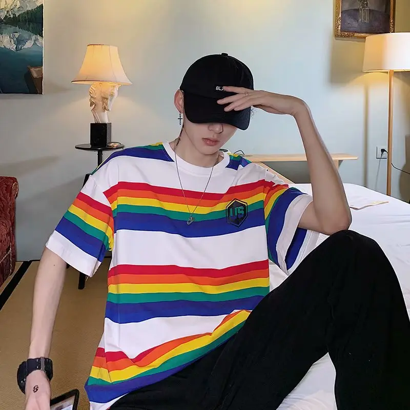 Men's Rainbow Striped T-Shirt Loose Fit Hip Hop Style