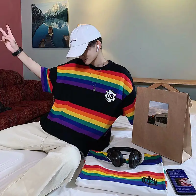 Men's Rainbow Striped T-Shirt Loose Fit Hip Hop Style