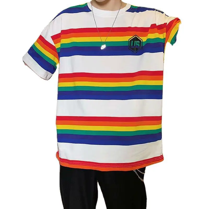 Men's Rainbow Striped T-Shirt Loose Fit Hip Hop Style