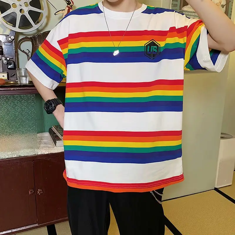 Men's Rainbow Striped T-Shirt Loose Fit Hip Hop Style