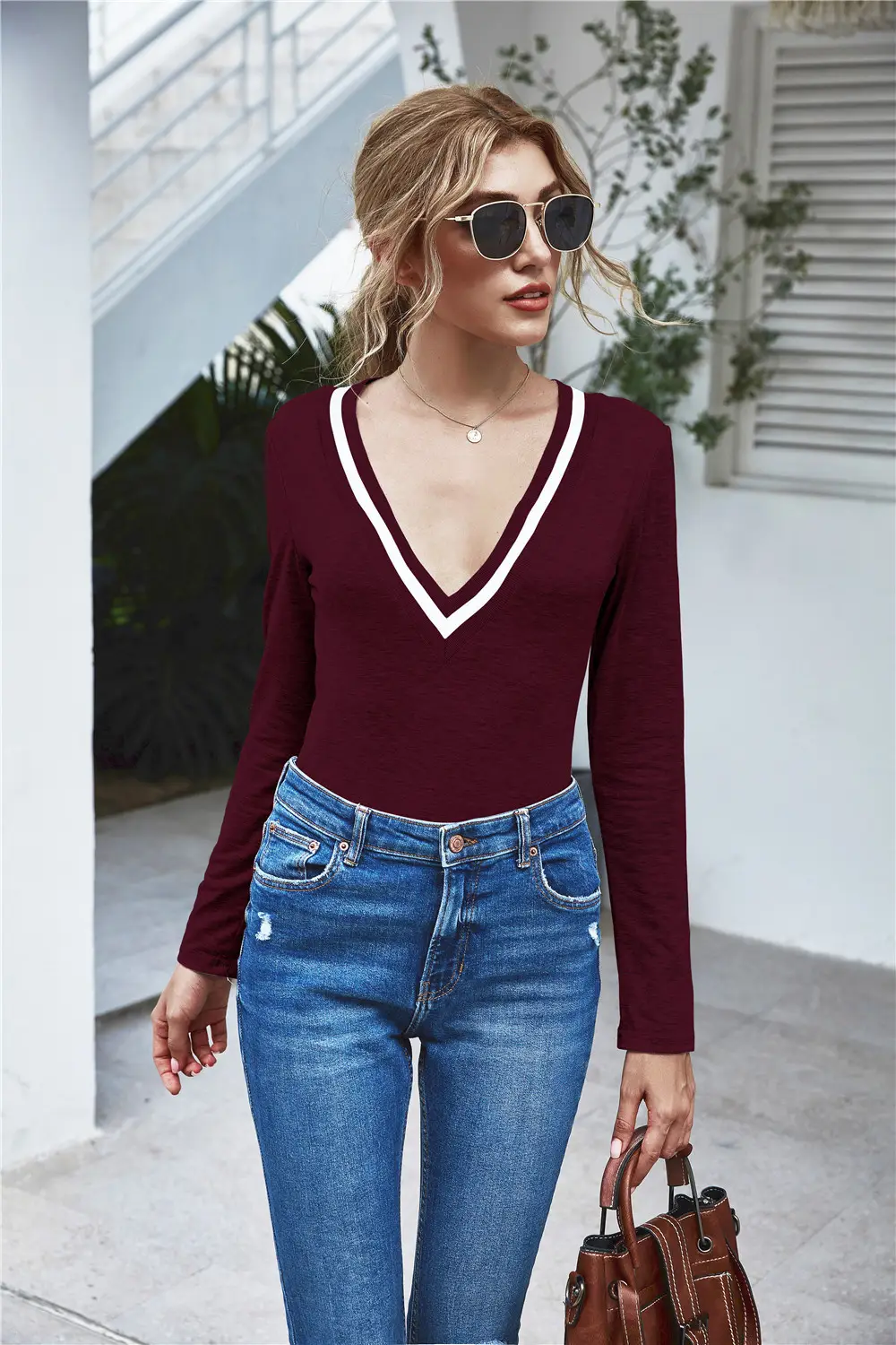 Women's 2020 Long Sleeve V-Neck Top with White Trim - Image 4