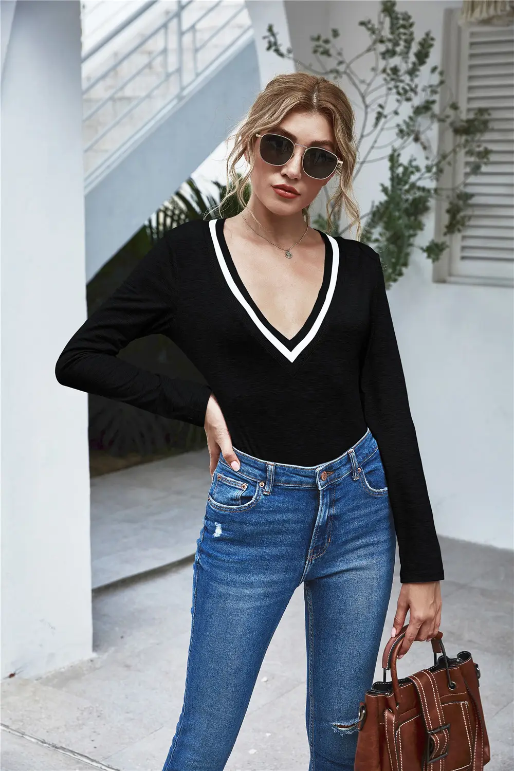 Women's 2020 Long Sleeve V-Neck Top with White Trim - Image 6