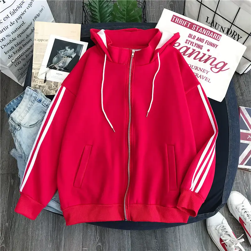 Women Red Fleece Hoodie Winter Warm All Match