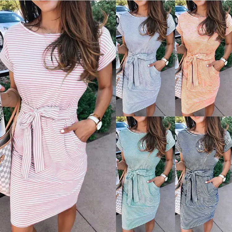 Women Striped Waist Tie Belt Round Neck Dress