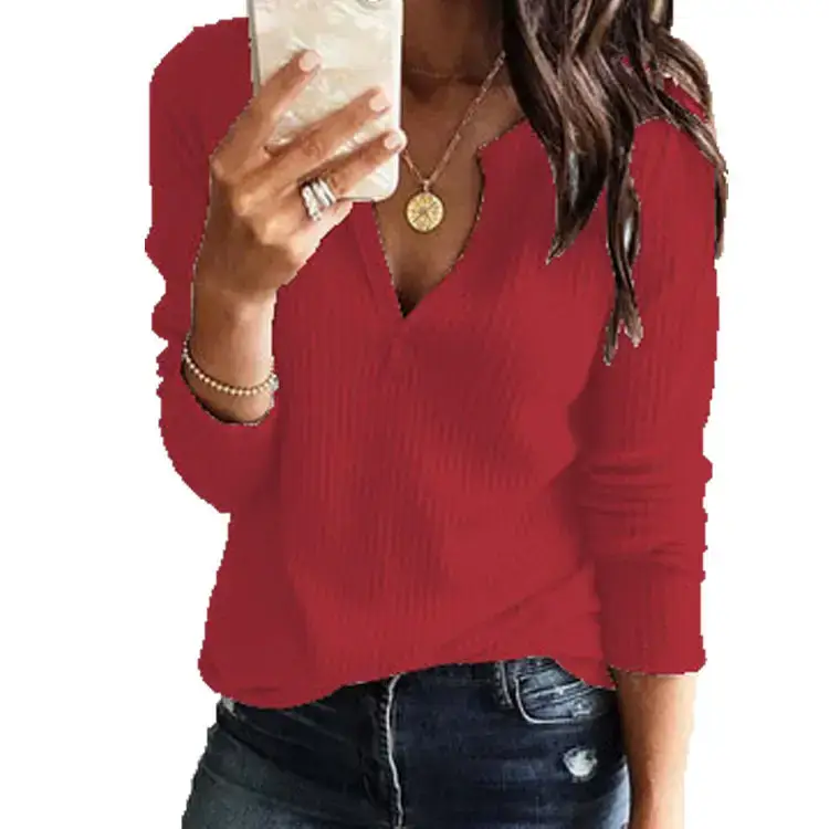 Women Long Sleeve V Neck Knitted T-Shirt White Blue Large - Image 7