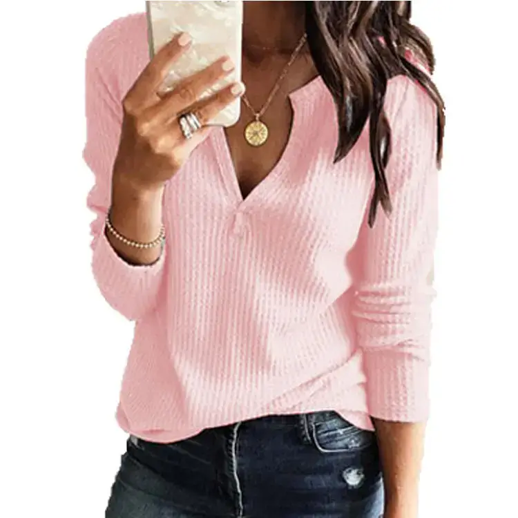 Women Long Sleeve V Neck Knitted T-Shirt White Blue Large - Image 2