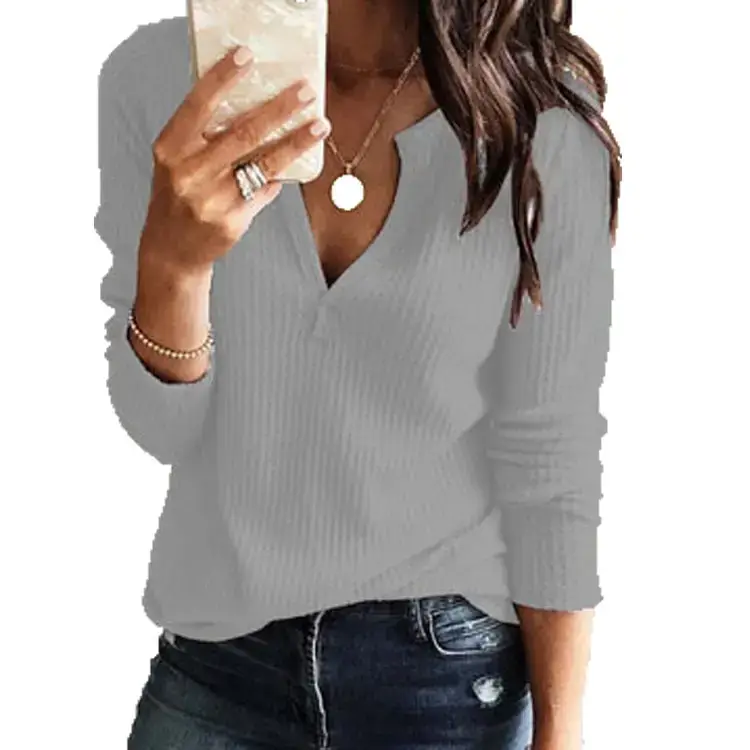Women Long Sleeve V Neck Knitted T-Shirt White Blue Large - Image 4