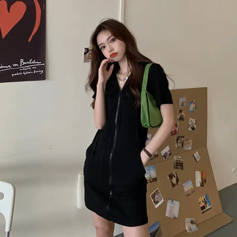 Women Zipper Hooded Dress Grey 2025 Summer - Image 5