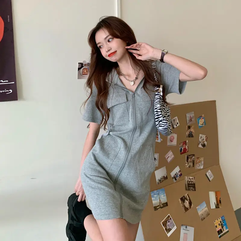 Women Zipper Hooded Dress Grey 2025 Summer - Image 6