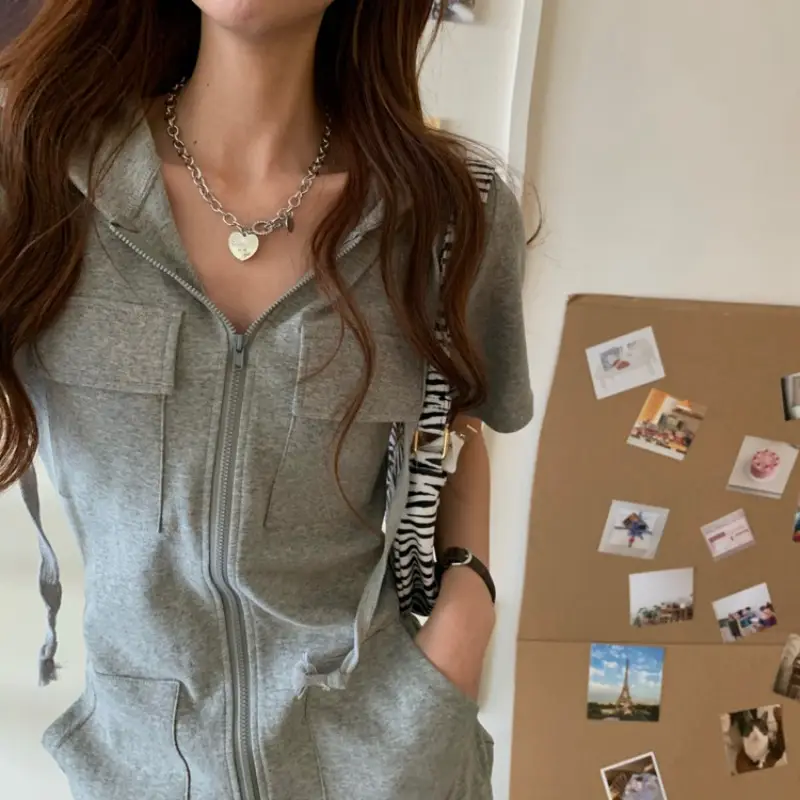 Women Zipper Hooded Dress Grey 2025 Summer - Image 7
