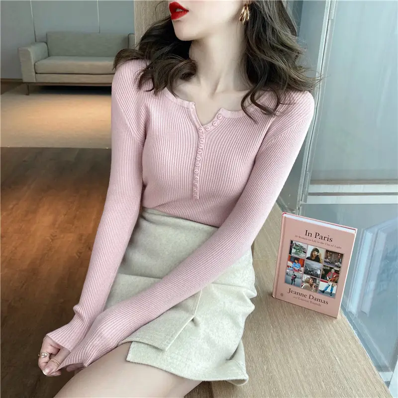 Black Knitted V Neck Sweater Top for Women - Image 15